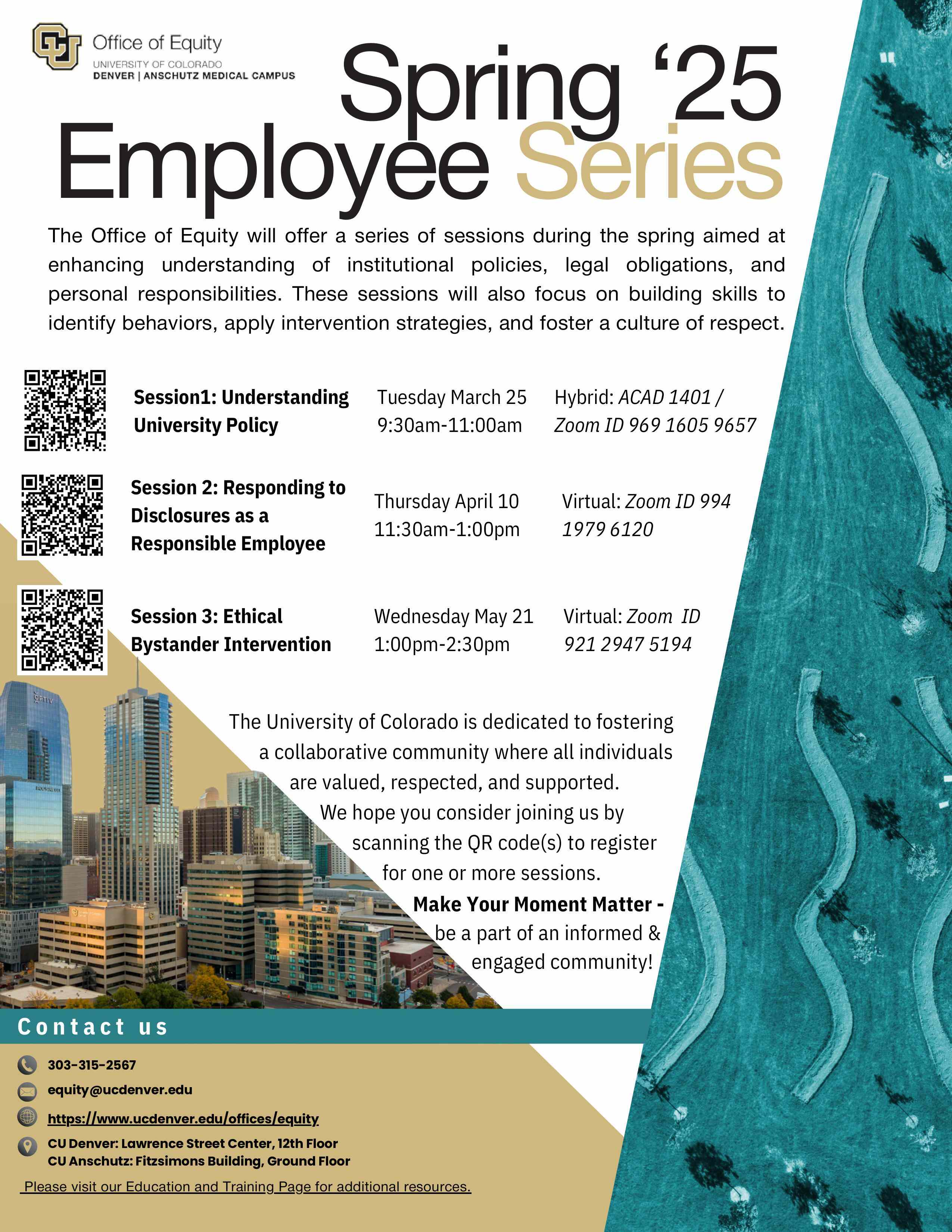 Promotional flyer for an Office of Equity training series at CU Denver.