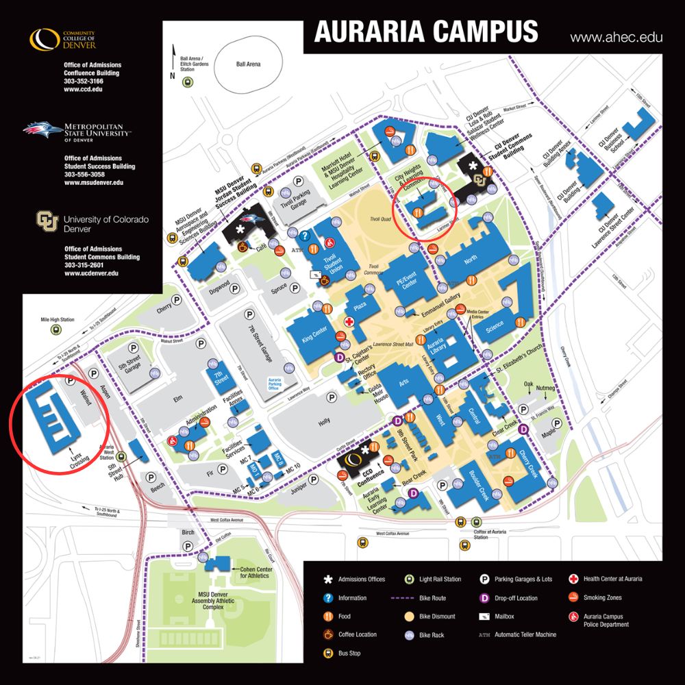 map of the Auraria campus with the CU Denver dining halls circled in red