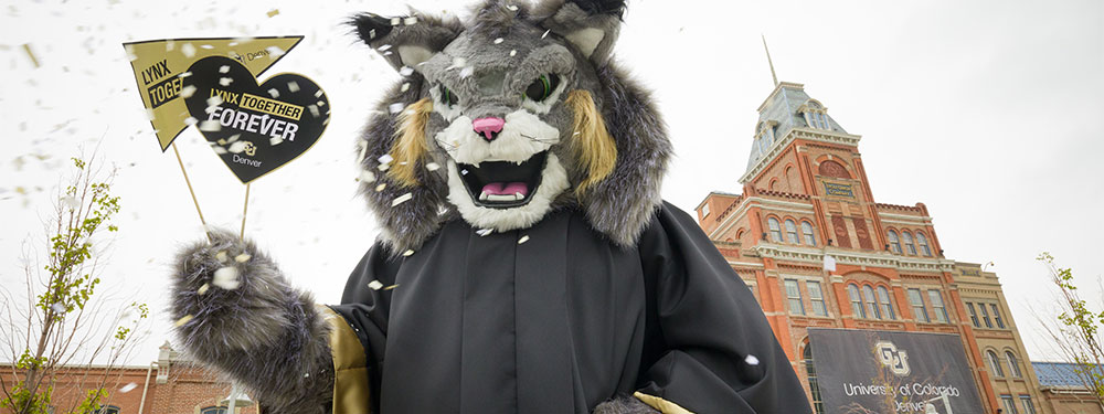 Milo the Lynx, CU Denver mascot at commencement on campus