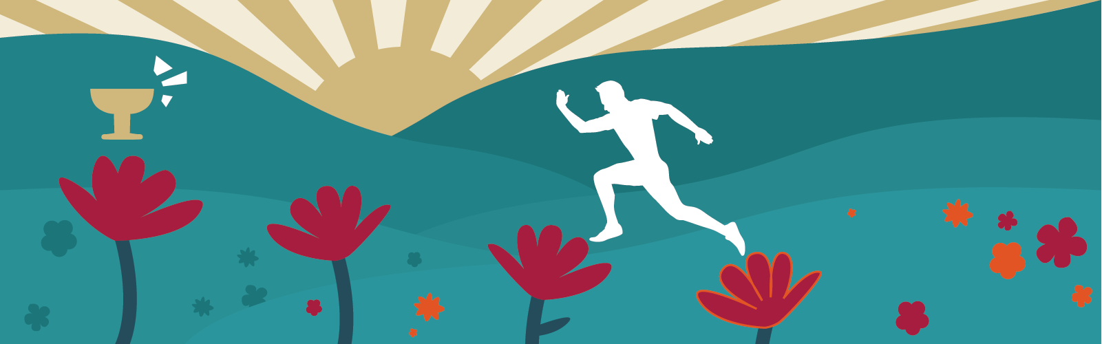 Graphic of person jumping across flower field to trophy