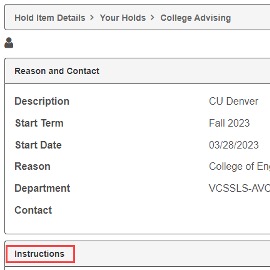 Screenshot of UCDAccess displaying instructions for removing an advising hold