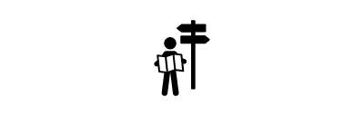 Icon of a human figure holding a paper map and standing next to a signpost