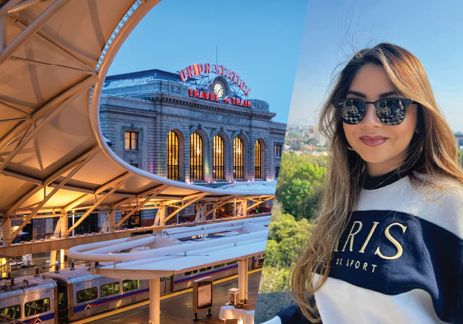 Karla Berrum with long hair and dark sunglasses smiling. The image is split and the left side is Union Station at dusk.