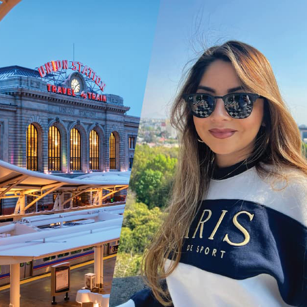 Karla Berrum with long hair wearing dark sunglasses. The left side is split, showing Union Station.