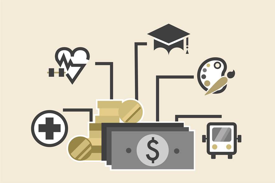 A variety of illustration inclusing a dollar bill, a heart monitor, cap and gown and money