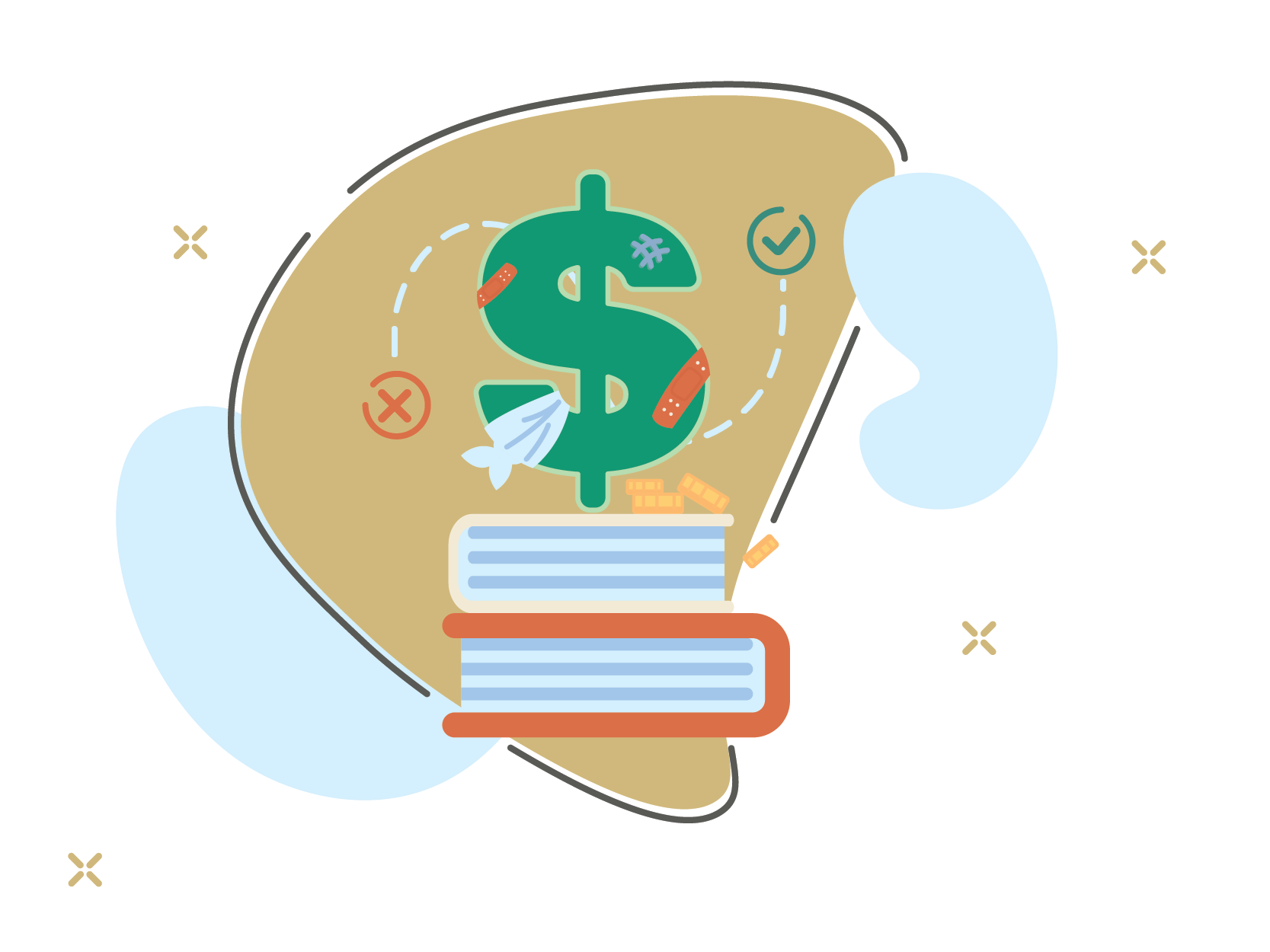 Illustration of a dollar sign standing on top of books