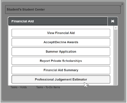 A mouse cursor hovering over the Professional Judgement Estimator option in the Financial Aid section of the UCDAccess student portal
