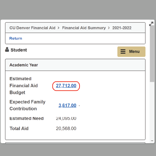 The estimated financial aid budget based on the financial aid summary within the financial aid section of UCDAccess