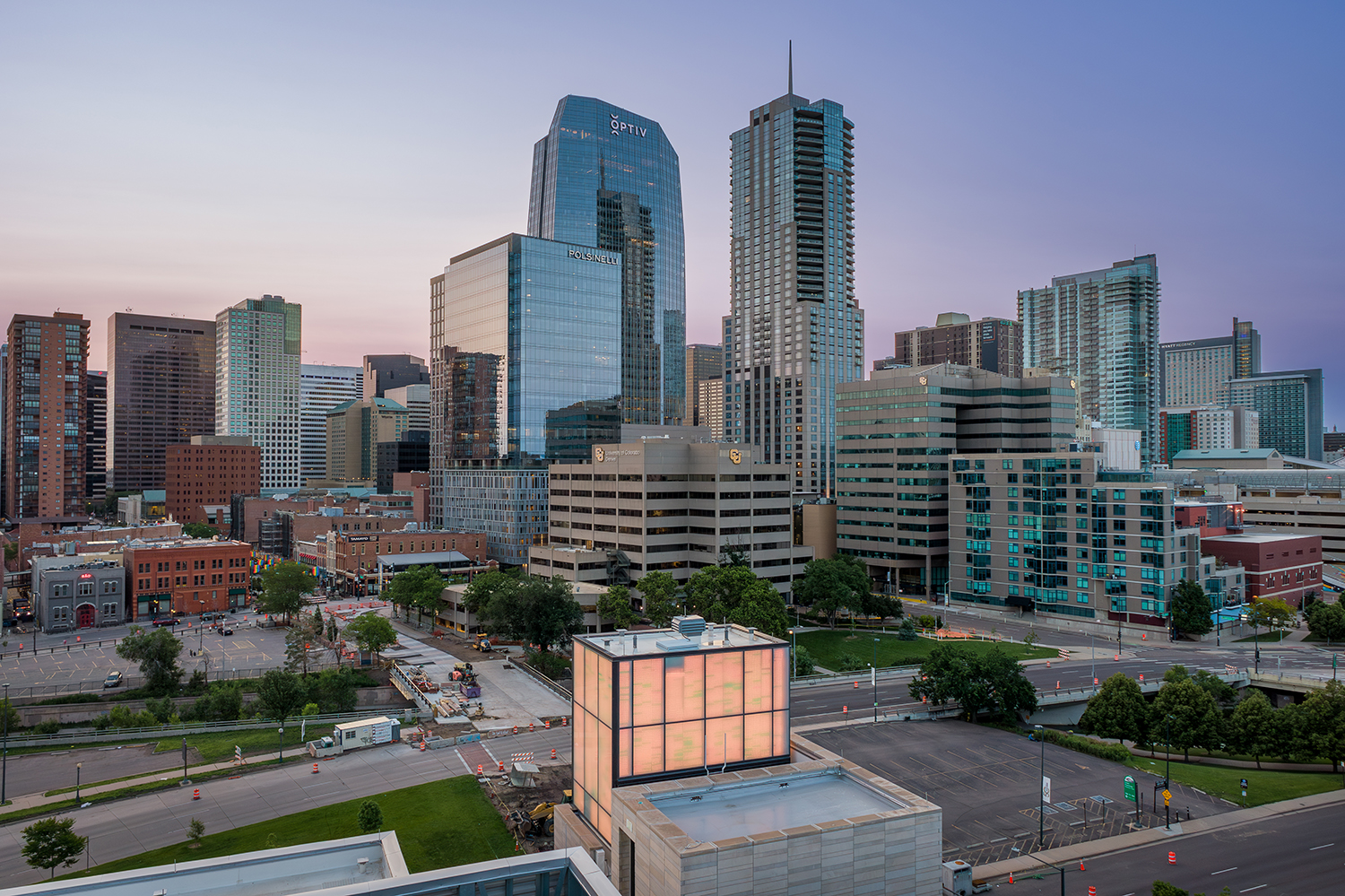 View of downtown buildings and CU Denver campus.