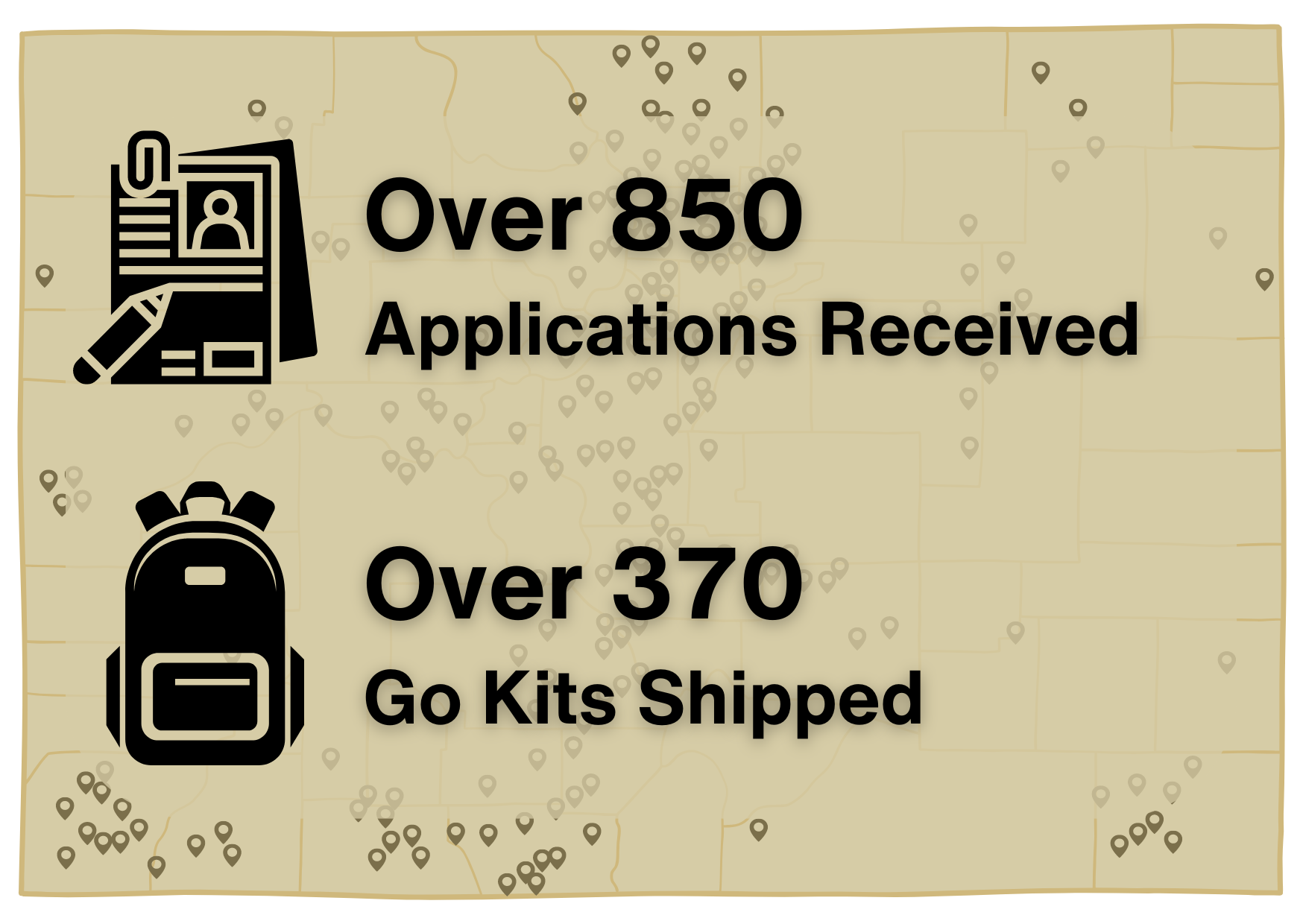 Map of Colorado - Over 850 Applications Recieved. Over 370 Go Kits Shipped. 