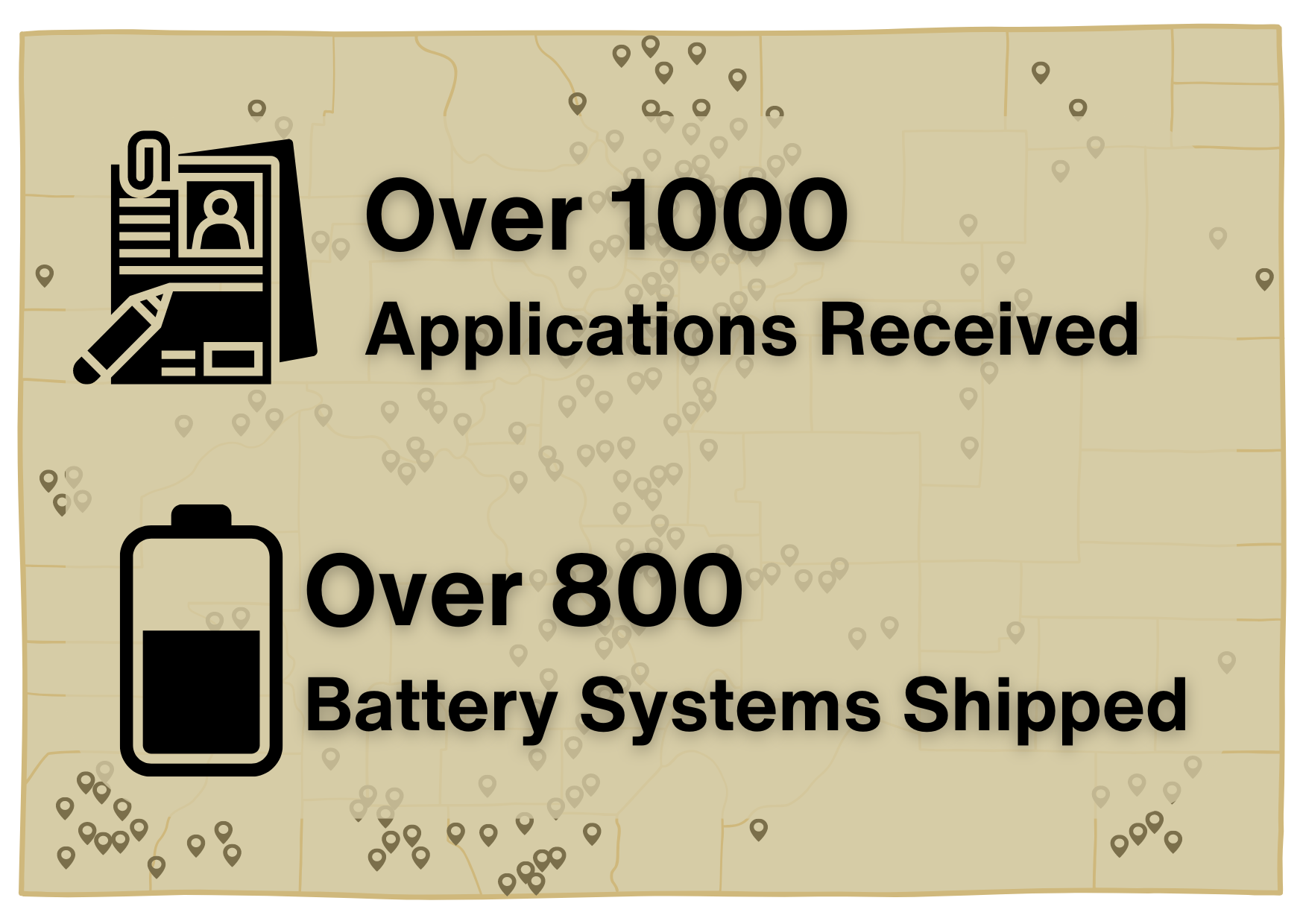 Map of Colorado - Over 1000 Applications Received. Over 800 Battery Systems Shipped