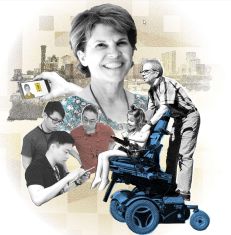 A collage featuring a female faculty member smiling, a hand holding a mobile device, the Denver city skyline, a trio of college students collaborating around an iPad, and a man riding on the back of a wheelchair driven by a young girl