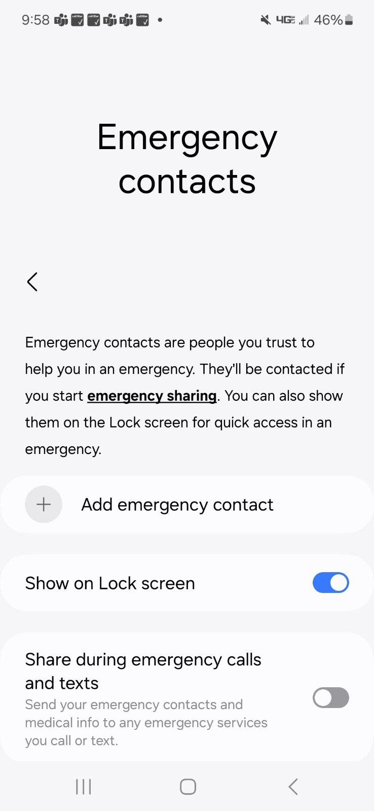 Samsung Emergency Contacts Screen