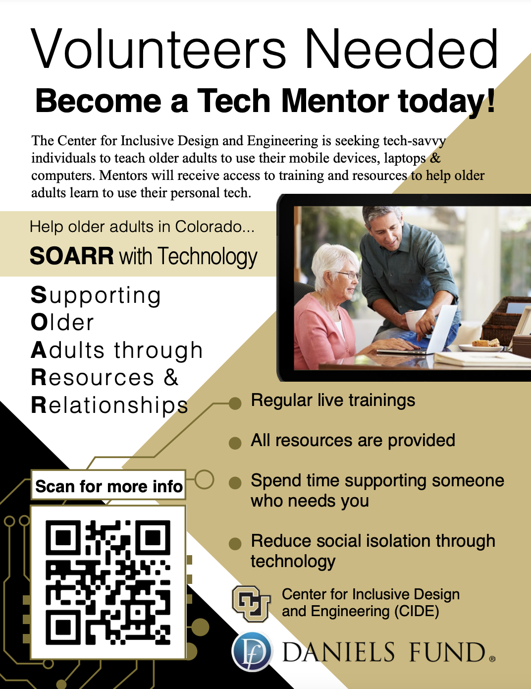 Flyer to Recruit Tech Mentors with project SOAAR featuring a Q R code and helpful information.