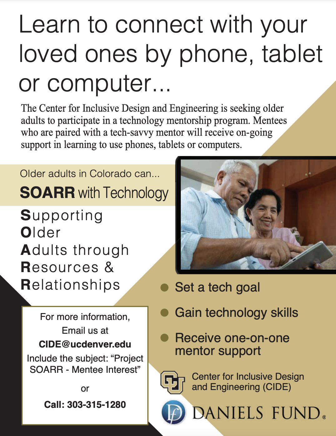 Flyer for older adults needing tech support featuring helpful contact information