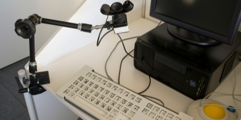 Adaptive keyboards and mice including a mounted chin mouse, high contrast keyboard with keyguard, and trackball mouse