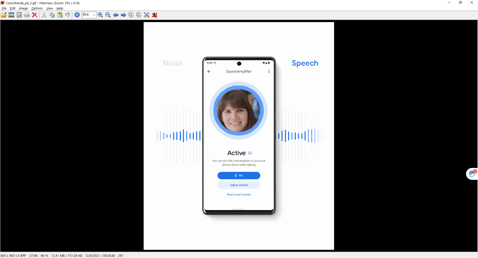 Animated GIF showing how Sound Amplifier works. A person's face is centered in a circle in the middle of the phone and while they speak, abstract sound icons illustrate the app amplifying their words.