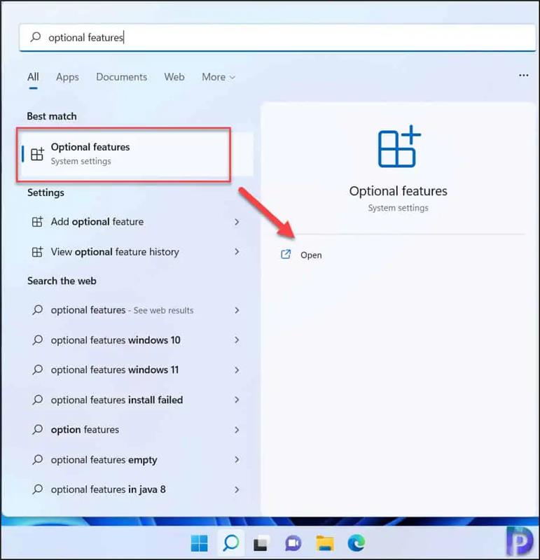 Screenshot of the Optional Features menu under Start in Windows 11 
