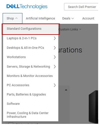 Screenshot of the Dell top navigation Shop menu with Standard Configurations highlighted.