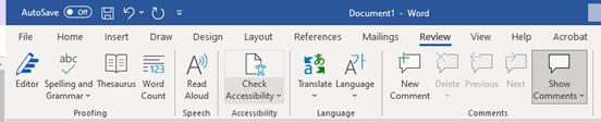 Screenshot of checking accessibility in a document