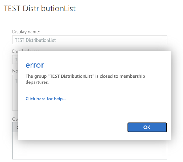 Screenshot of a possible error message notifying users that they have to request an admin to remove them from a group. 