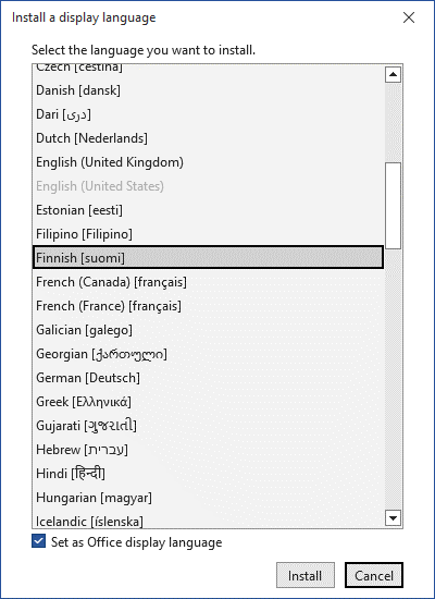 Screenshot of adding a new language to a document
